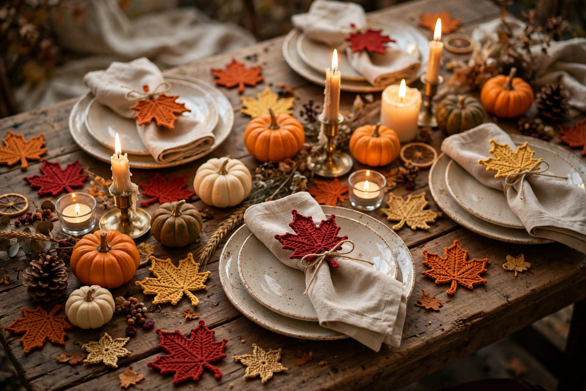 Thanksgiving tablescape with cream plates, candles, pumpkins and scattered crocheted maple leaves in fall colors — maple leaves crochet pattern