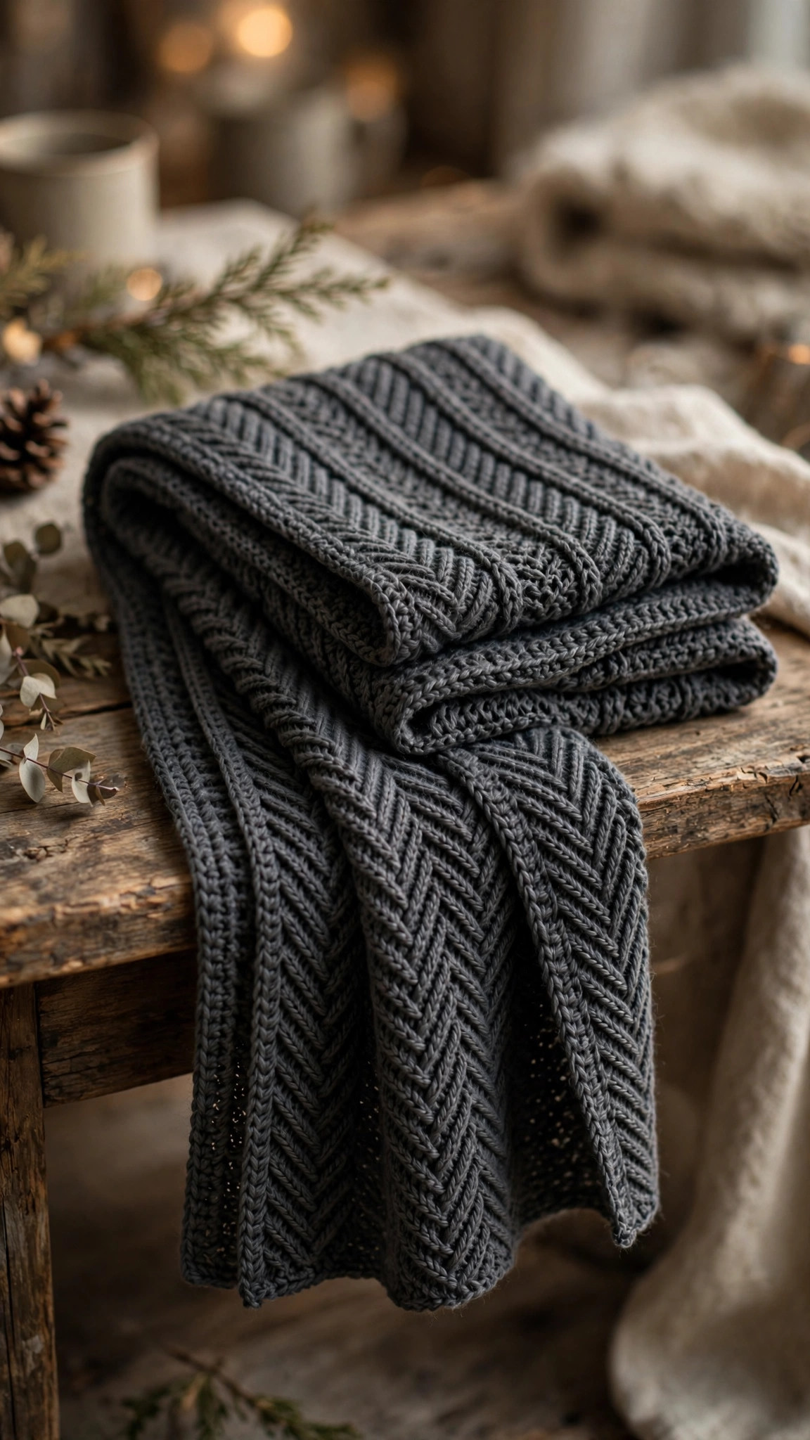Mens crochet scarf pattern free — charcoal herringbone crochet scarf with ribbed end bands folded on a wooden table