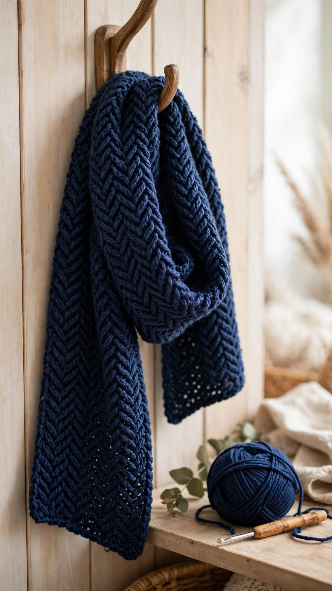 Navy blue mens crochet scarf draped on a coat hook with yarn and hook — free mens crochet scarf pattern to save for later