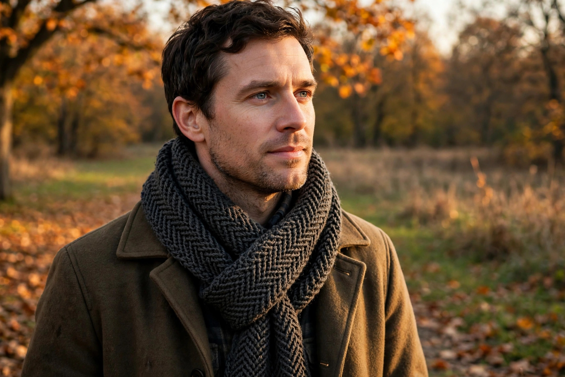Man wearing a handmade charcoal herringbone crochet scarf over a winter coat outdoors in autumn light