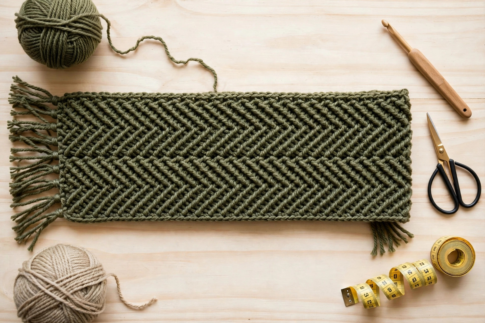 Flat lay of a finished olive mens crochet scarf with yarn balls, crochet hook, scissors and measuring tape