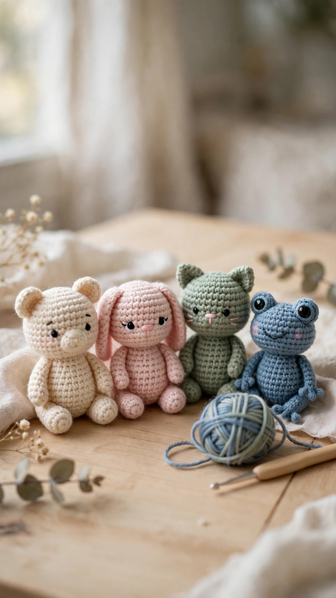Mini amigurumi patterns free, tiny crocheted animals in cream, blush pink and sage green on a wooden table