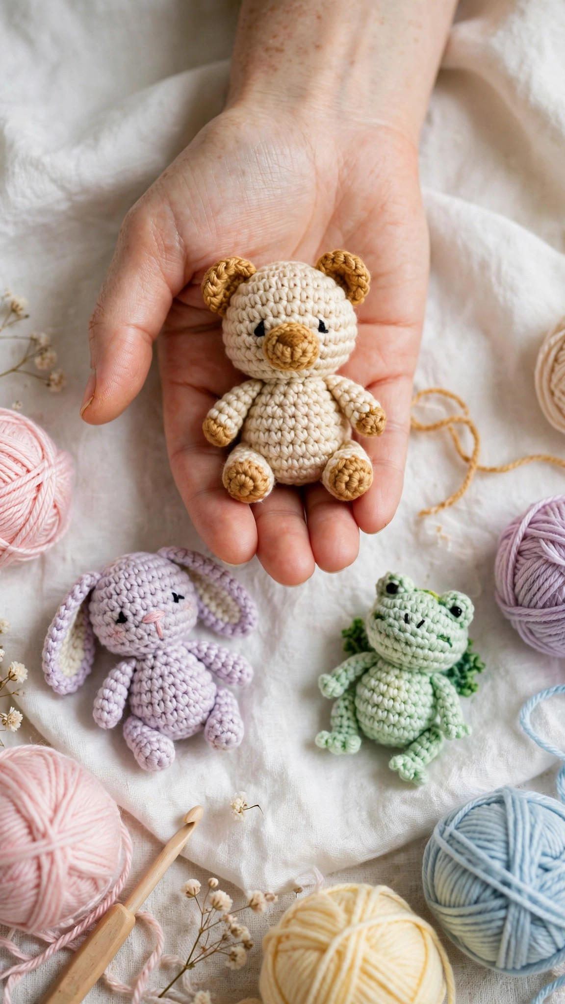A tiny crocheted amigurumi bear in cream and honey yarn sitting in the palm of a hand, with a bunny and a frog beside it on a white linen cloth, mini amigurumi patterns free
