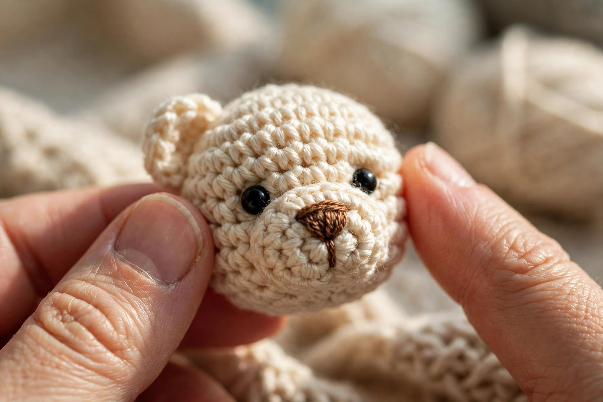 Close-up of a tiny amigurumi bear head in cream yarn showing neat single crochet stitches, small black safety eyes and an embroidered nose