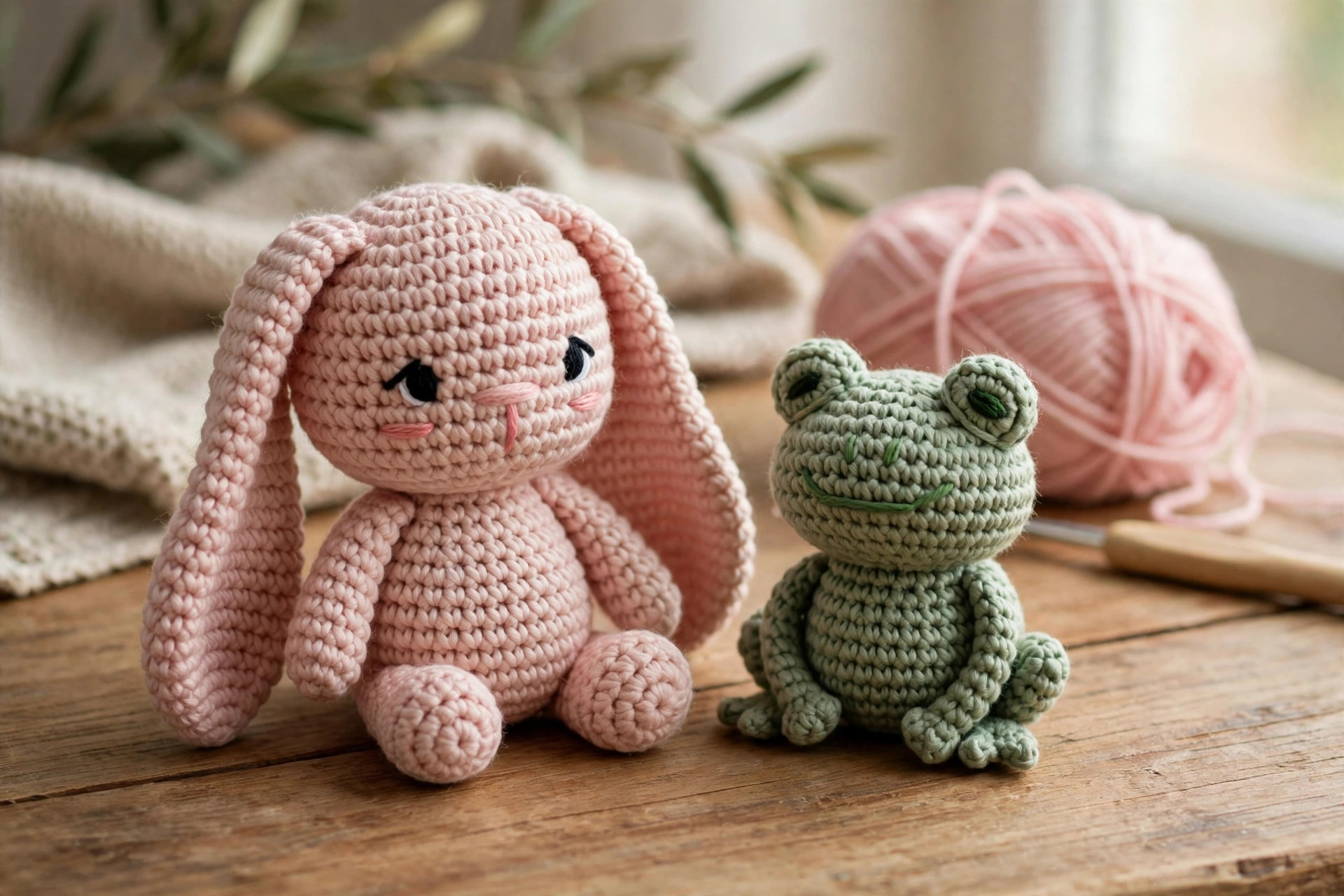 A small crocheted amigurumi bunny in blush pink yarn with long floppy ears sitting next to a mini frog in sage green yarn on a wooden table