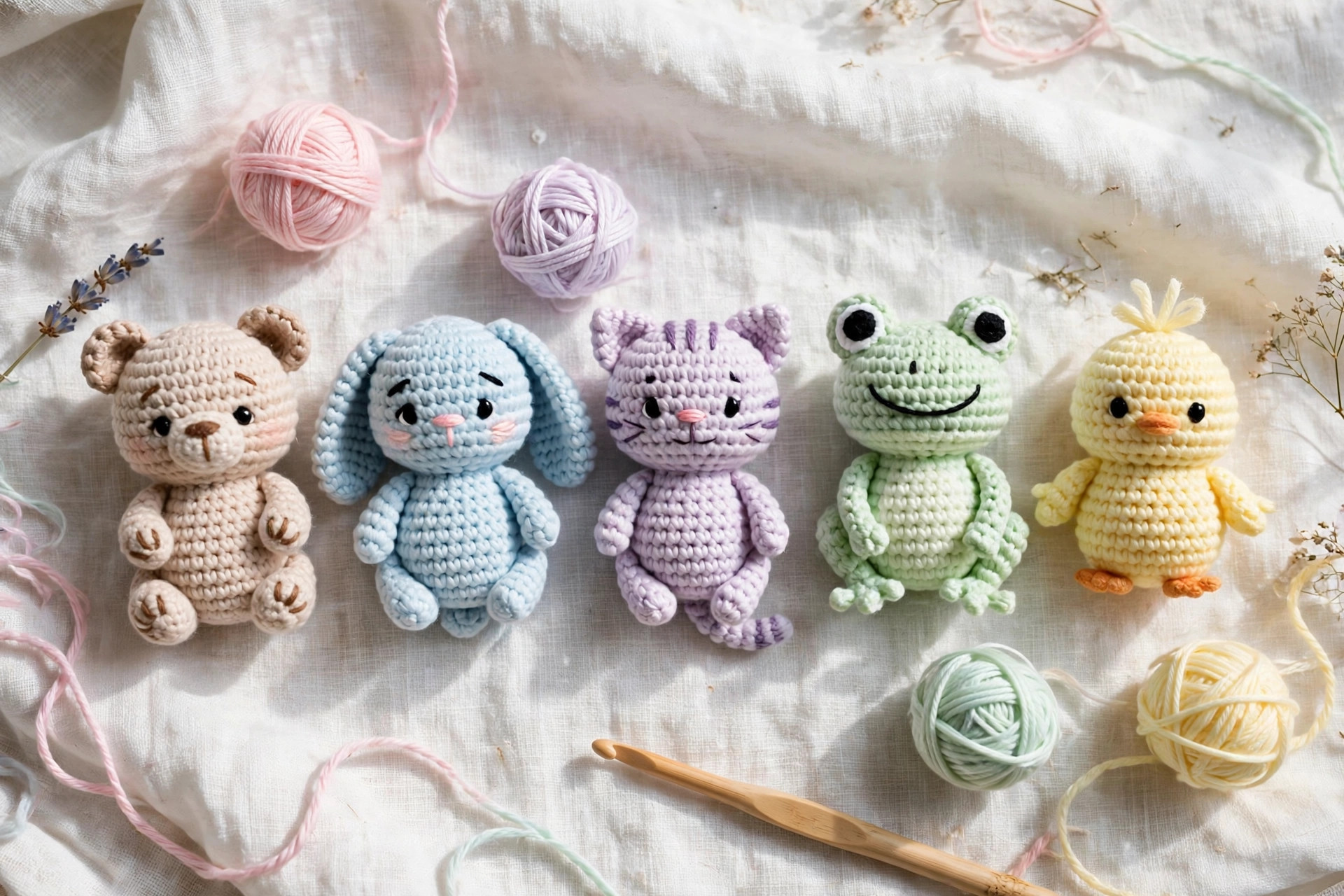 Flat lay of tiny finished mini amigurumi animals, a bear, a bunny, a cat, a frog and a chick, in pastel cotton yarn with yarn balls and a crochet hook