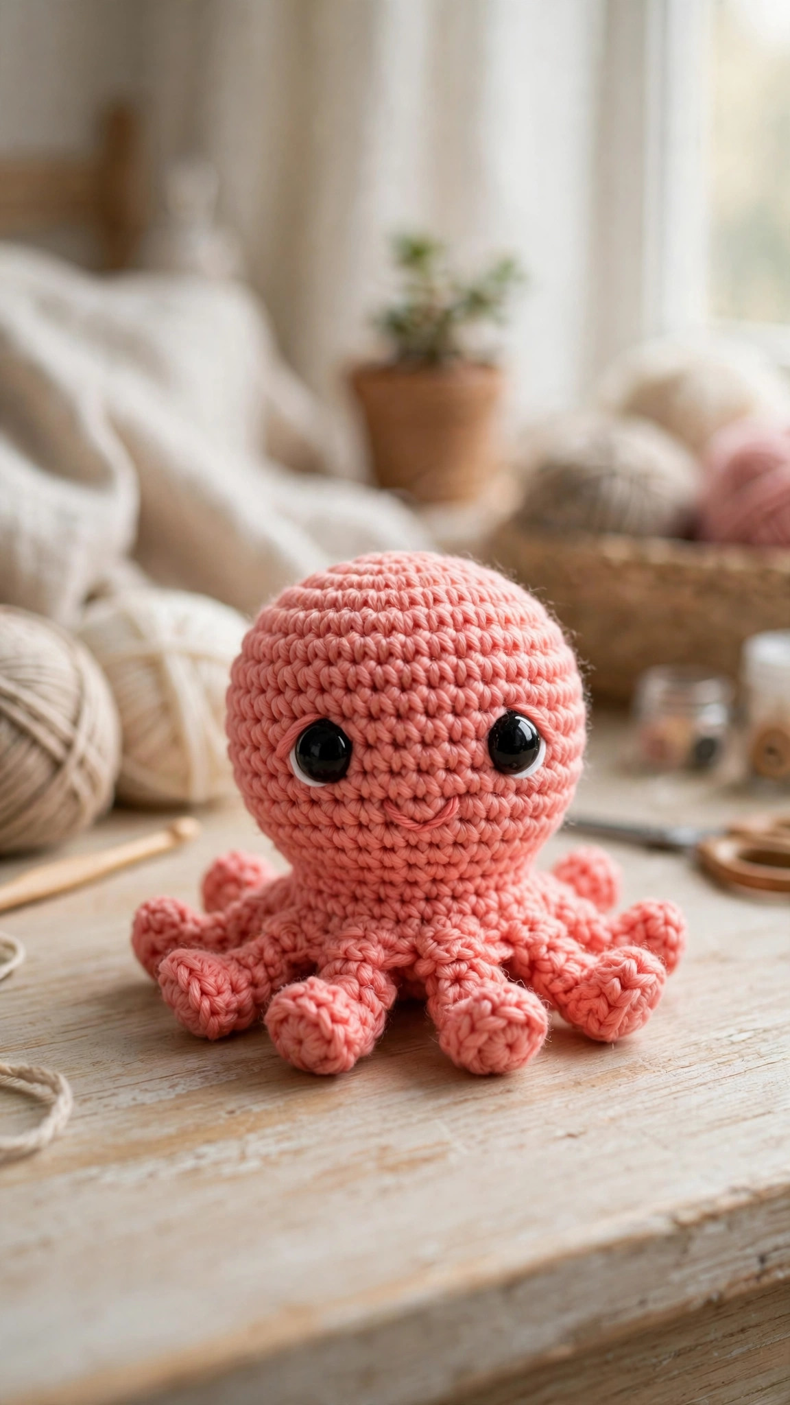 Mini octopus crochet pattern: tiny handmade crochet octopus amigurumi in coral pink yarn with safety eyes