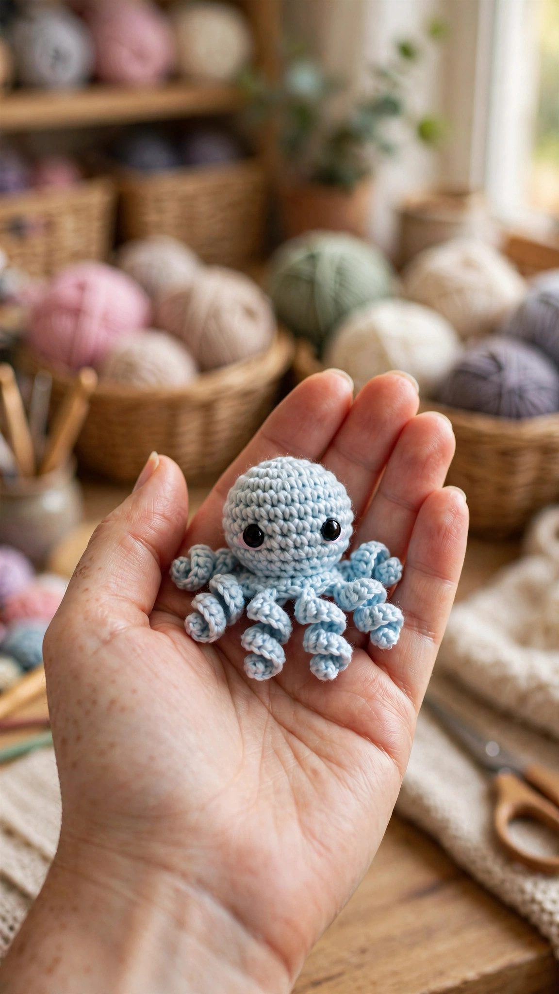 A tiny handmade crocheted mini octopus amigurumi in pastel blue yarn resting in the palm of a hand, mini octopus crochet pattern