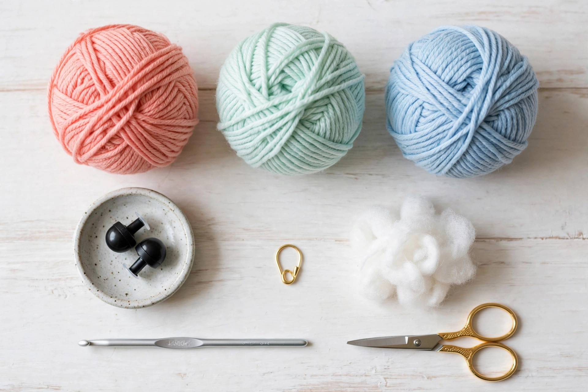 Flat lay of pastel yarn balls, a crochet hook, safety eyes, a stitch marker, fiberfill and scissors for the mini octopus crochet pattern
