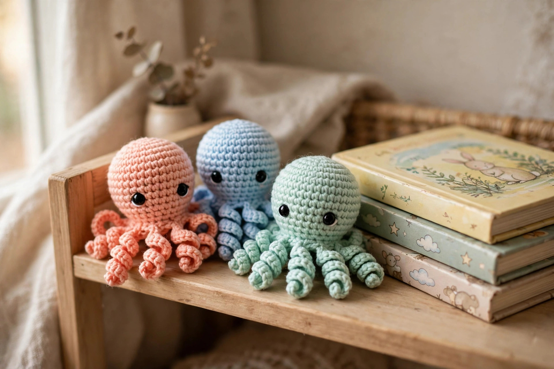 Three finished tiny handmade crocheted mini octopus amigurumi in pastel coral, blue and mint green on a nursery shelf with children's books, mini octopus crochet pattern