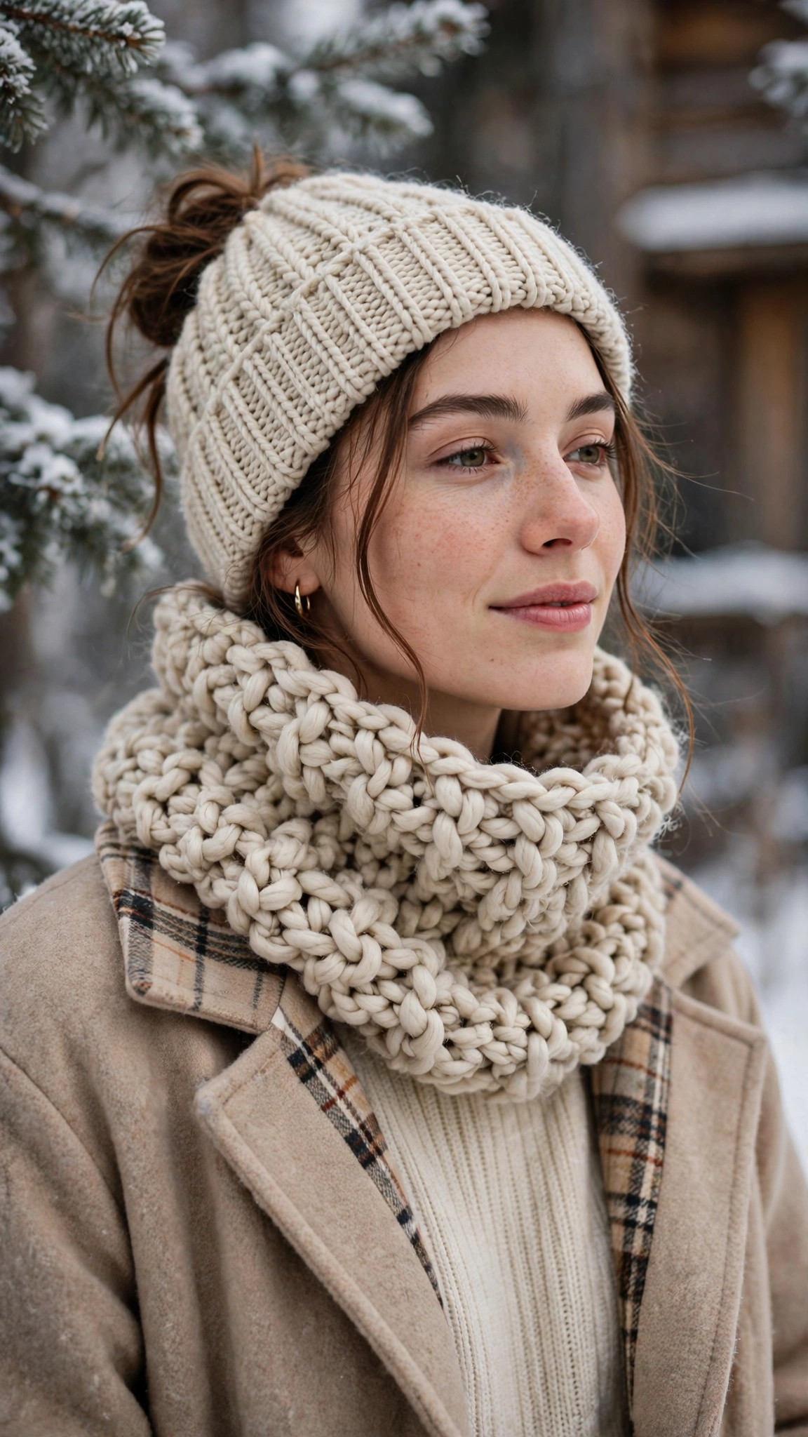 Neck warmer crochet pattern: person wearing a chunky crocheted cowl in oatmeal yarn