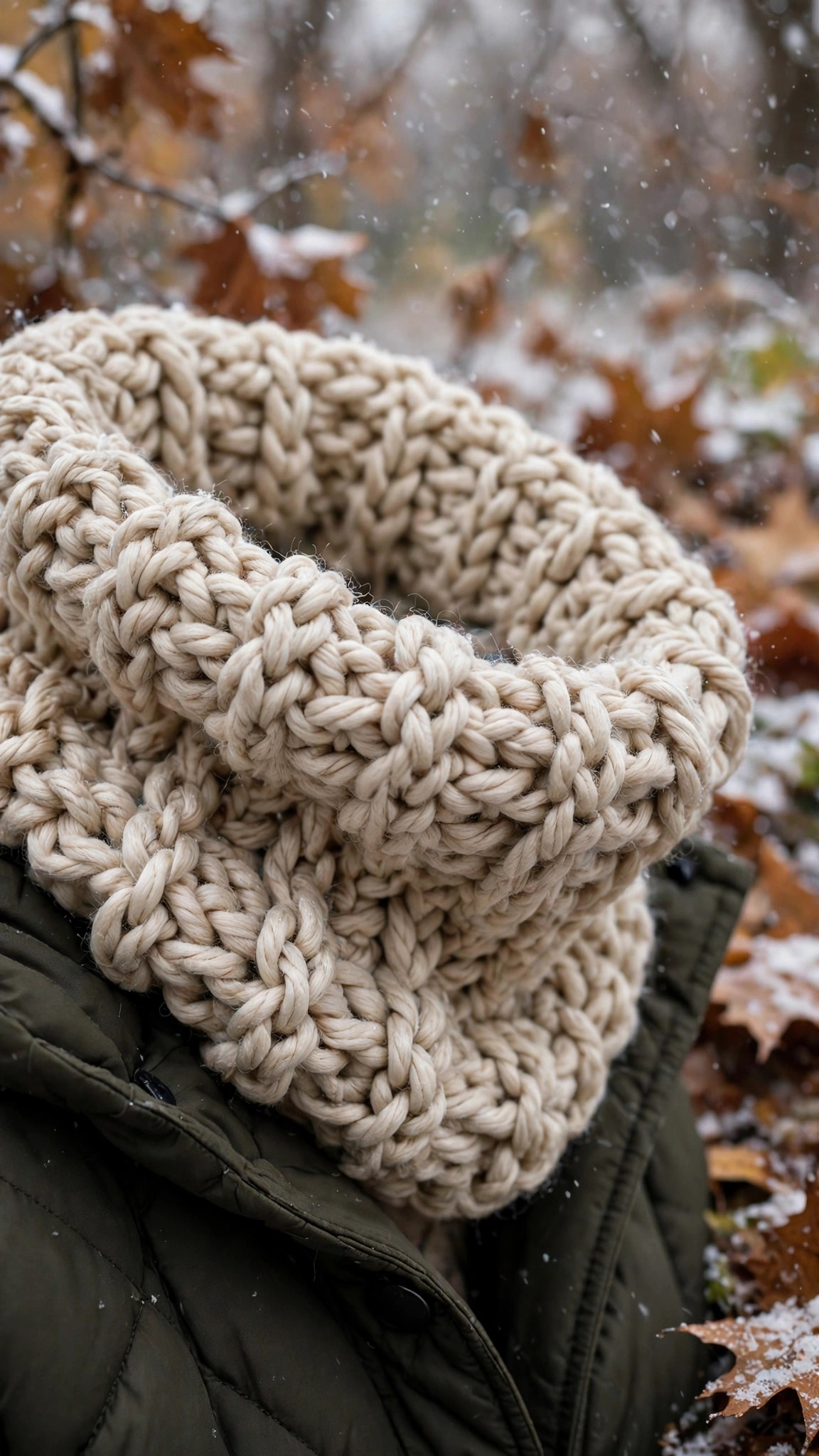 Close view of the chunky crocheted neck warmer cowl in oatmeal yarn styled with a winter coat in the snow, neck warmer crochet pattern