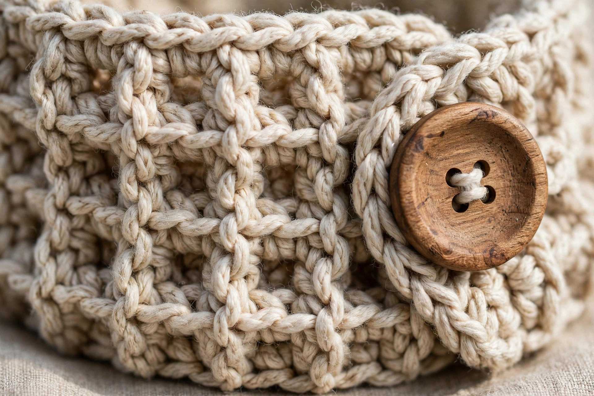 Detail close-up of waffle crochet stitches and a large wooden button on the chunky neck warmer, neck warmer crochet pattern