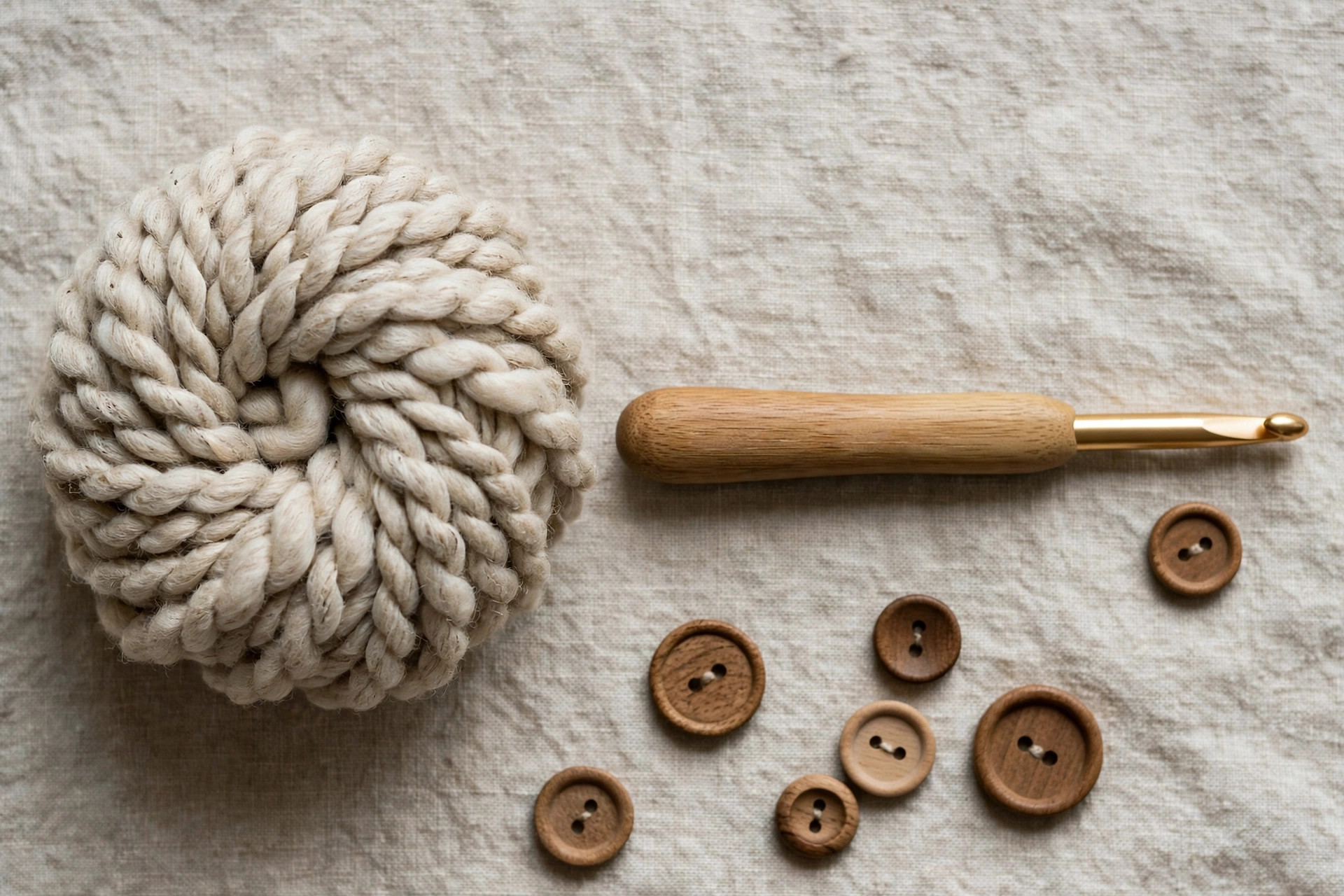 Flat lay of chunky oatmeal yarn, a 10 mm crochet hook and wooden buttons, neck warmer crochet pattern materials