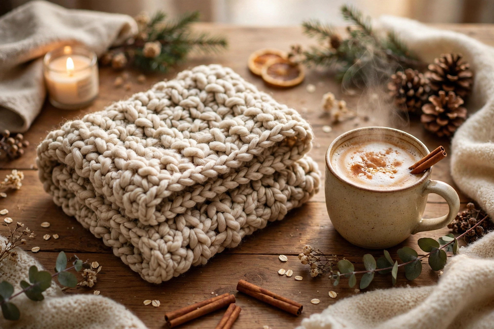 Folded chunky crocheted neck warmer on a table with a warm drink in a cozy winter scene, neck warmer crochet pattern
