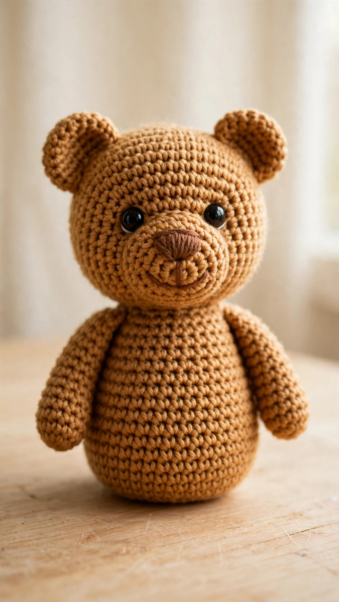 One piece crochet teddy bear pattern — honey-brown amigurumi bear with a seamless one piece body, embroidered nose and small round ears sitting on a wooden table