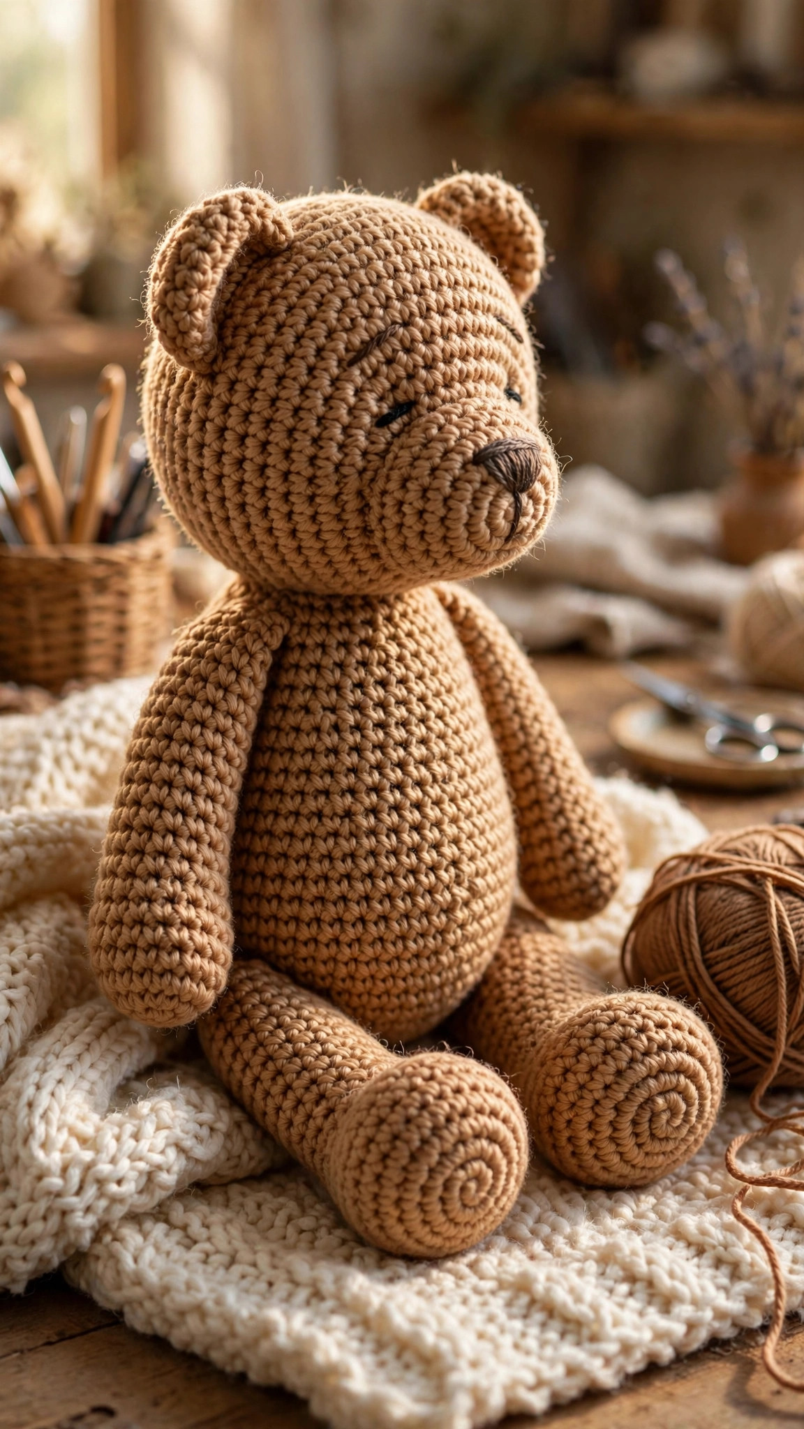 One piece crochet teddy bear on a knitted blanket showing the seamless body from feet to head