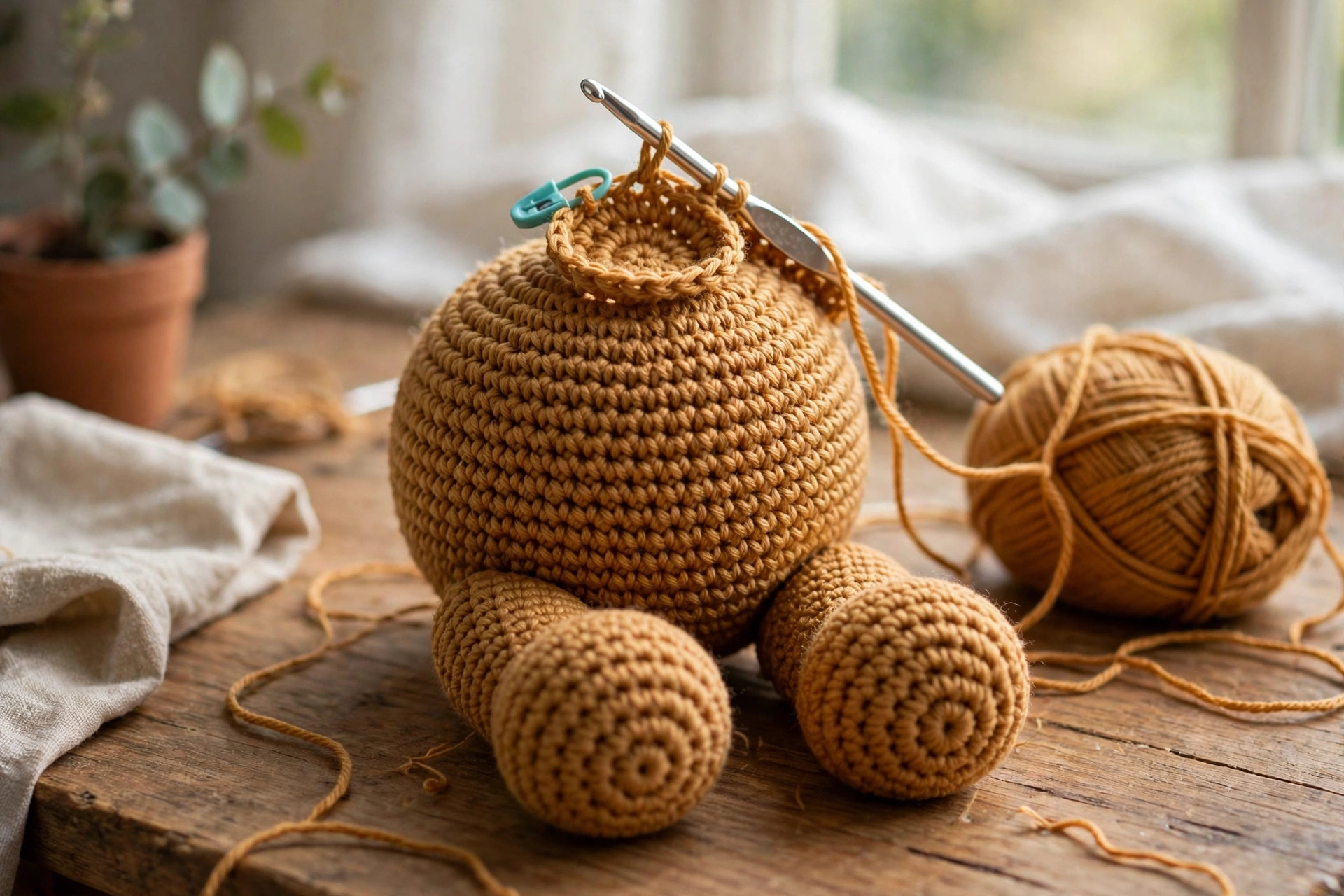 Crochet teddy bear body in progress showing the joined legs and body as one continuous piece with hook and yarn