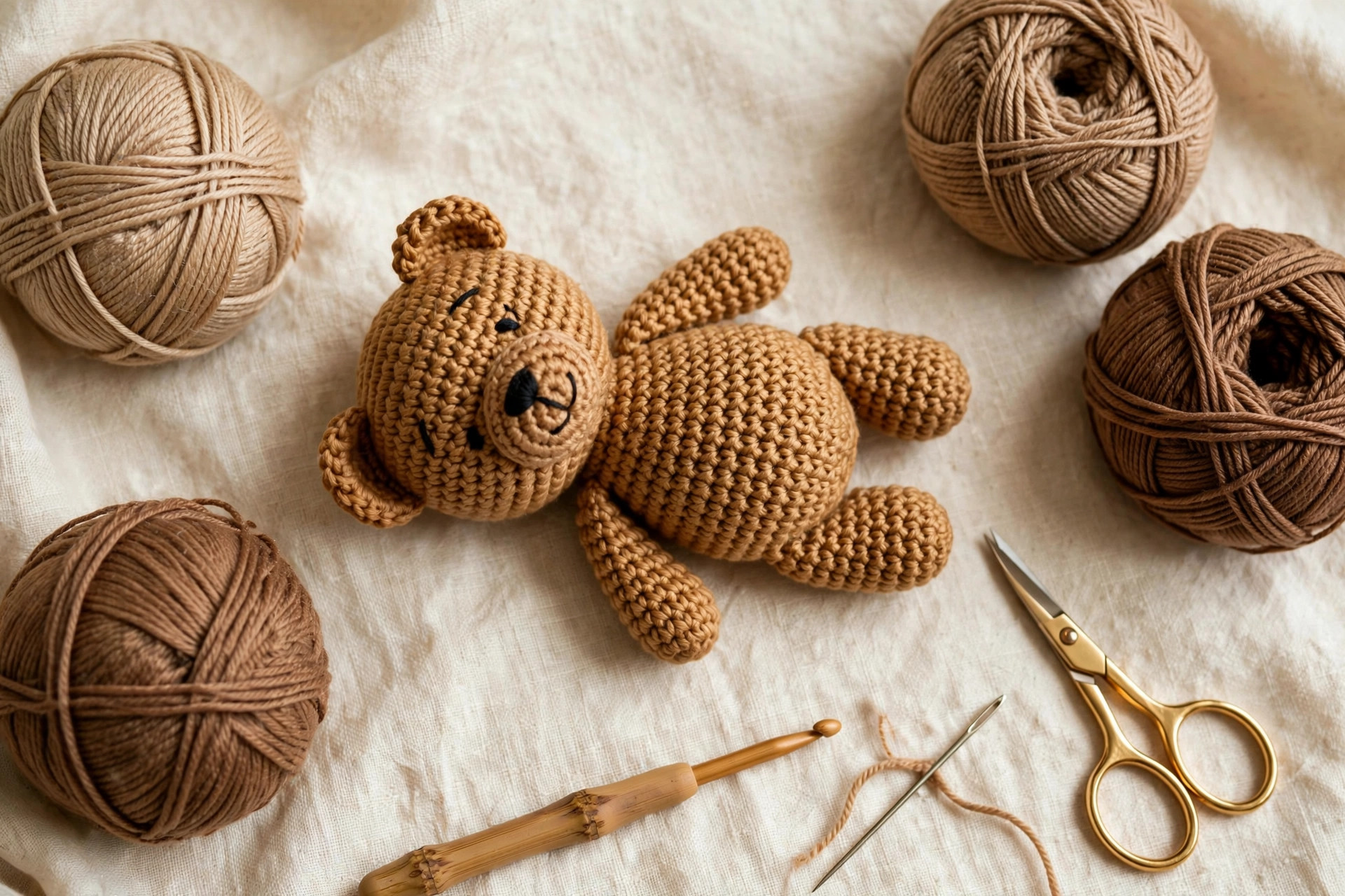 Finished one piece crochet teddy bear flat lay with yarn balls, crochet hook and notions