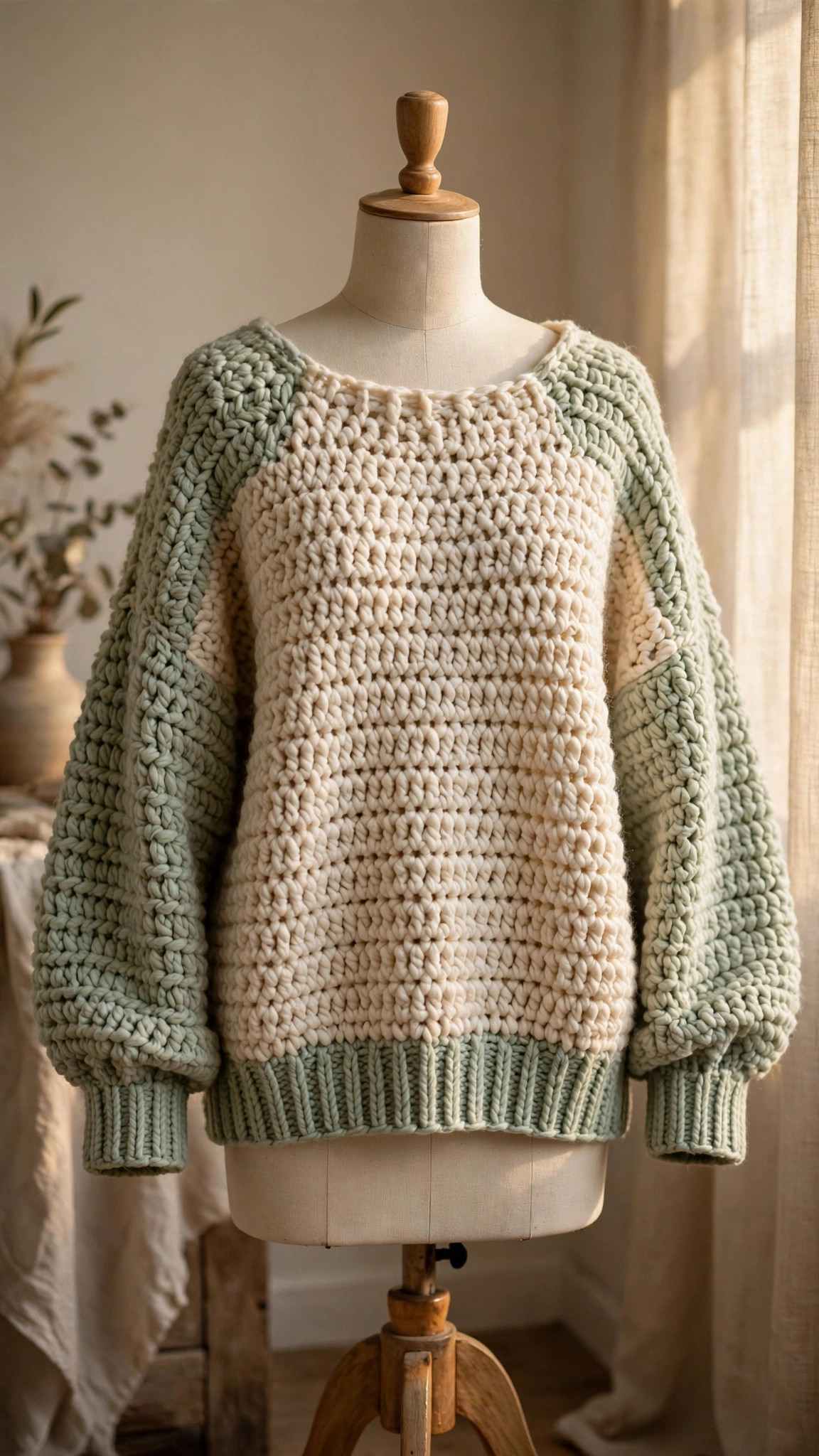 Oversized sweater crochet pattern free — cosy cream and sage drop-shoulder sweater with ribbed cuffs on a dress form