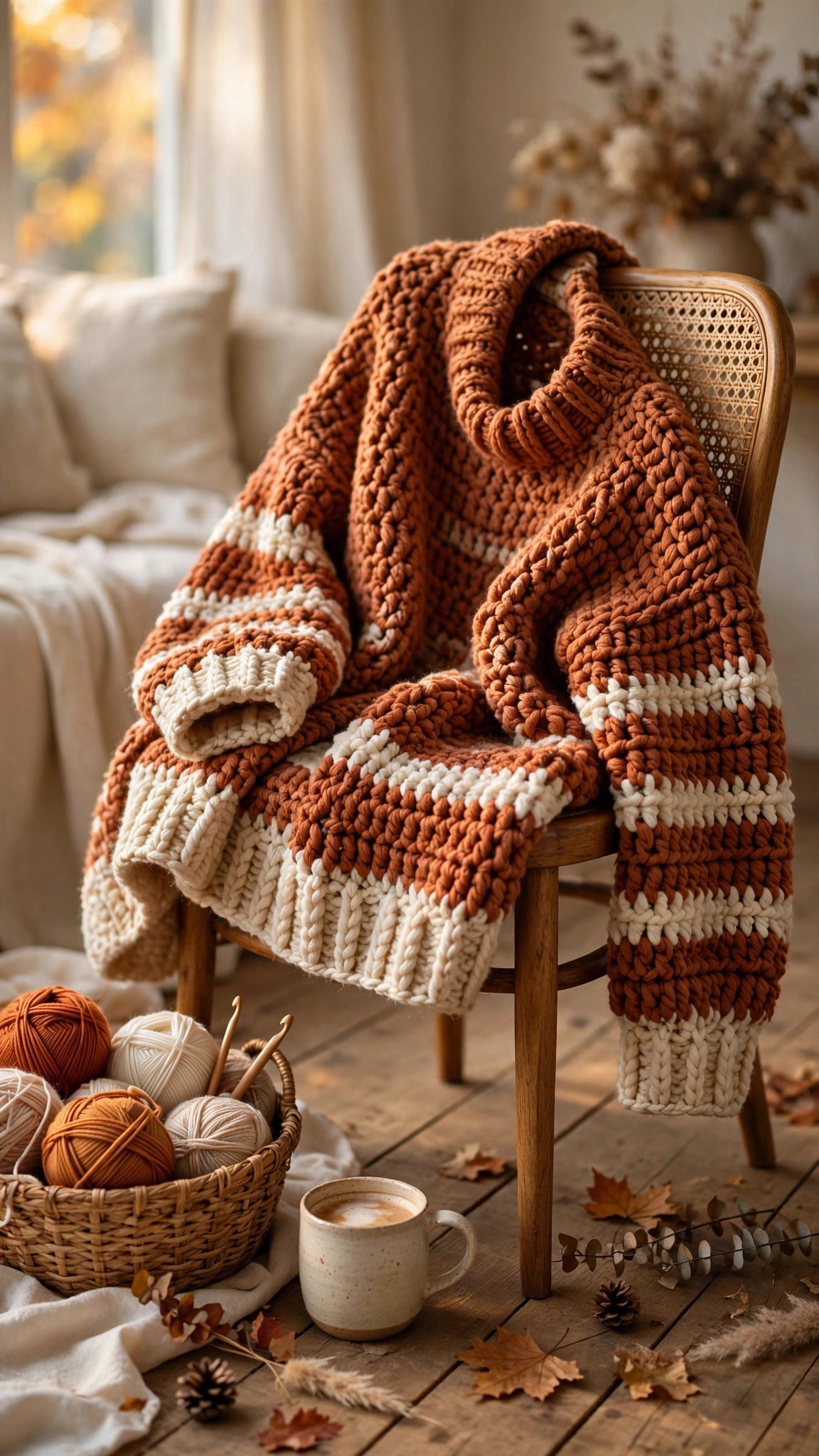 Pinterest-style cosy shot of an oversized crochet sweater in warm rust and cream draped over a chair with yarn and a mug