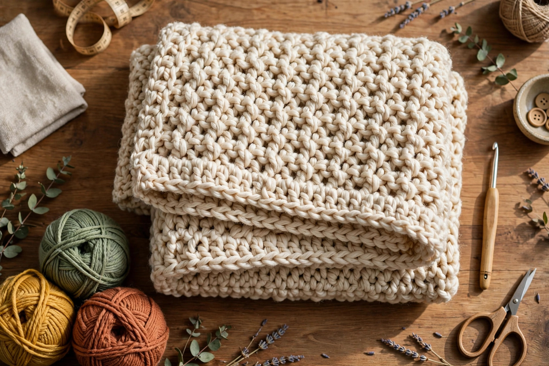 Flat lay of a finished oversized crochet sweater folded with balls of worsted yarn and a crochet hook on a wooden table