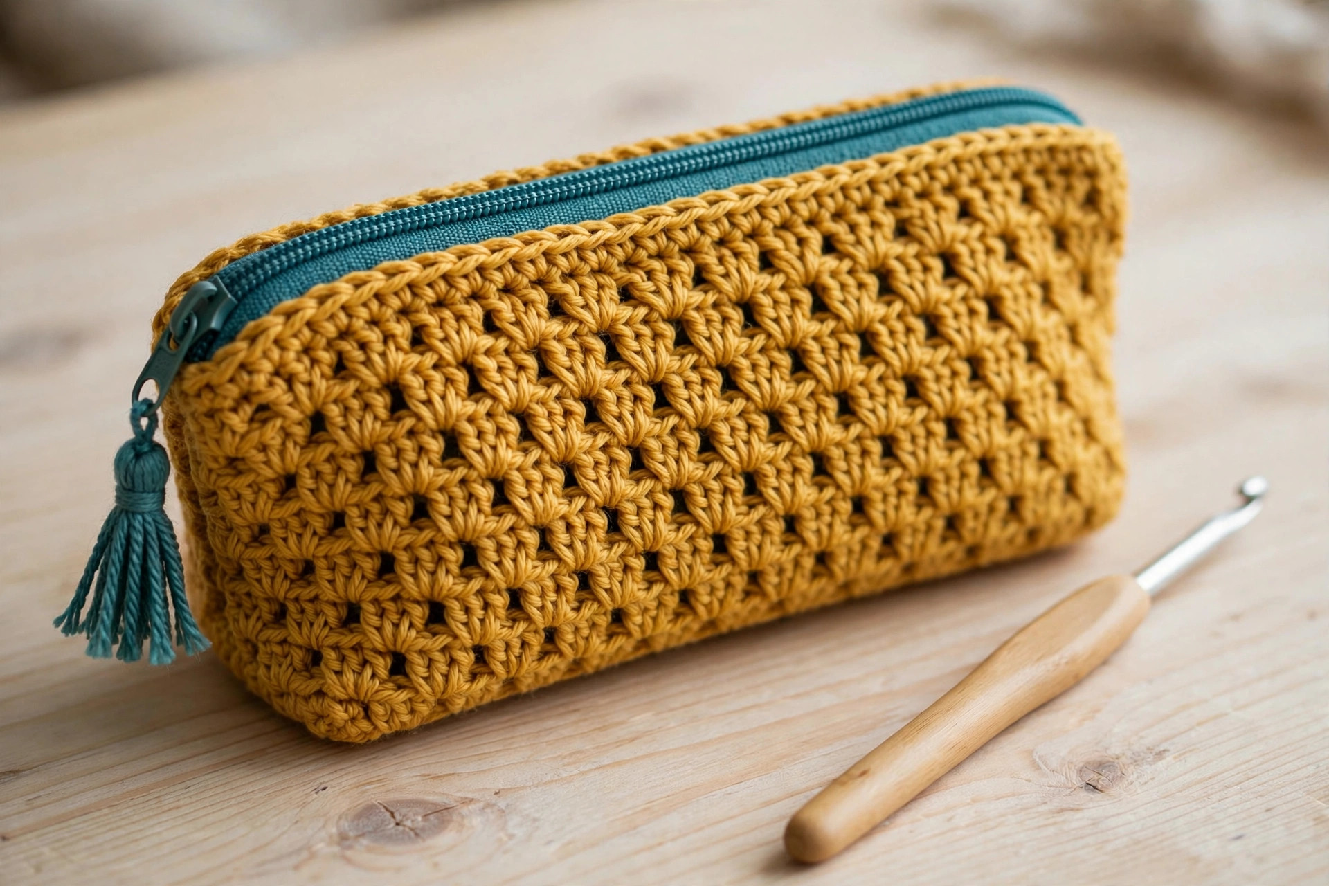 Close-up of a mustard-yellow crochet pencil case showing the shell stitch texture and teal zipper with tassel pull