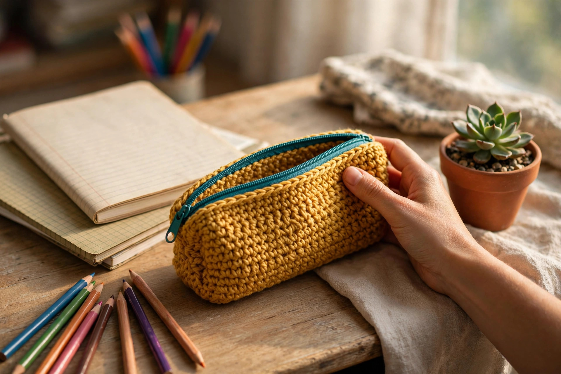 Hand holding a mustard-yellow crochet pencil case on a school desk with notebooks and colored pencils
