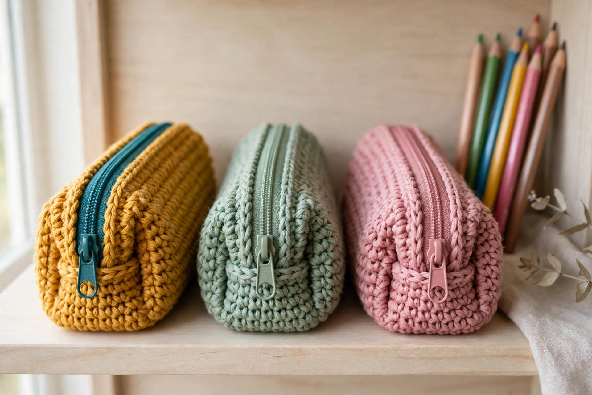 Three crochet pencil cases in mustard yellow, sage green and dusty pink lined up on a shelf with colored pencils
