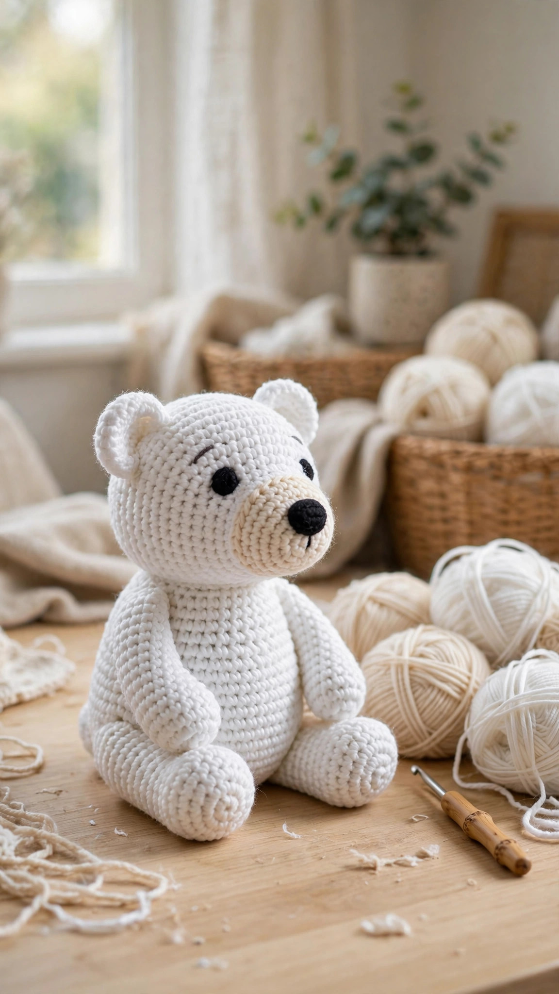 Polar bear crochet pattern: a white crocheted polar bear amigurumi plush with a cream muzzle sitting on a wooden table