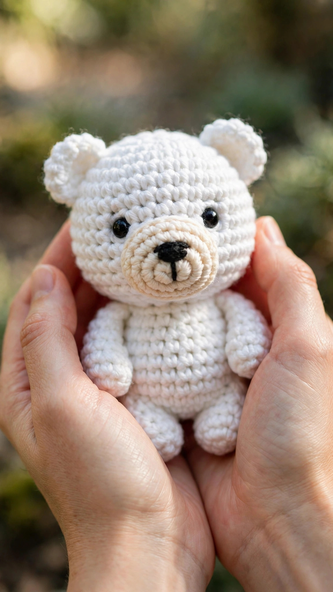 A white crocheted polar bear amigurumi plush held in two hands, with a cream muzzle and dark eyes: polar bear crochet pattern