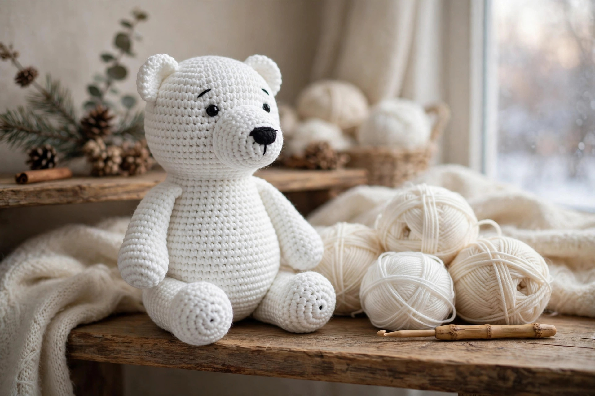A white crocheted polar bear amigurumi sitting on a wooden shelf with yarn balls and a crochet hook beside it