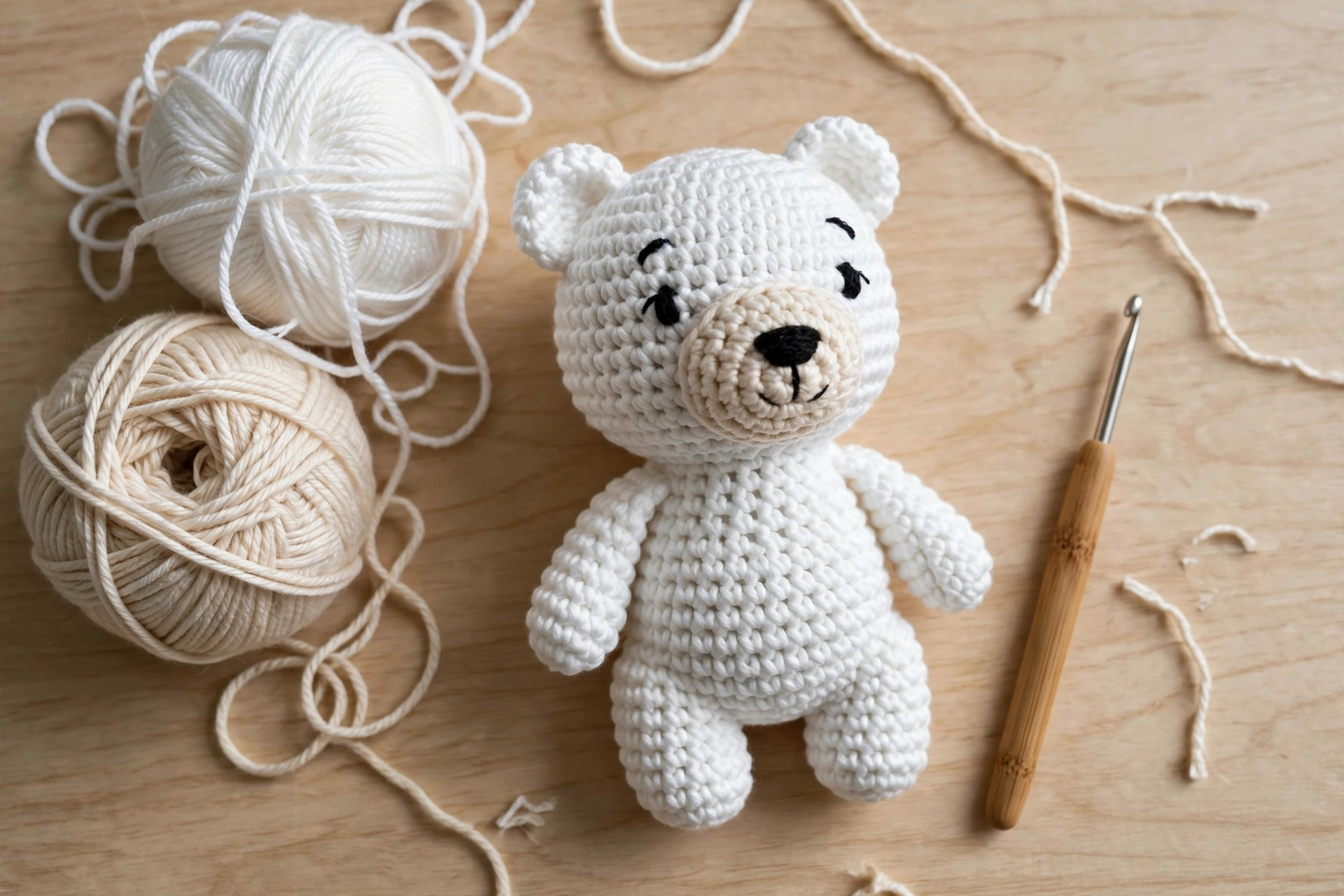 Flat lay of a finished white crocheted polar bear with a cream muzzle, beside white and cream yarn balls and a crochet hook