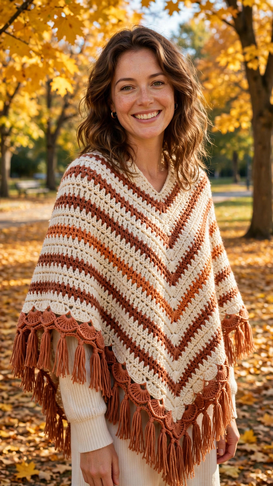 Crochet poncho free pattern — woman wearing a cream and terracotta crochet poncho with V-stitch stripes and fringe in an autumn park