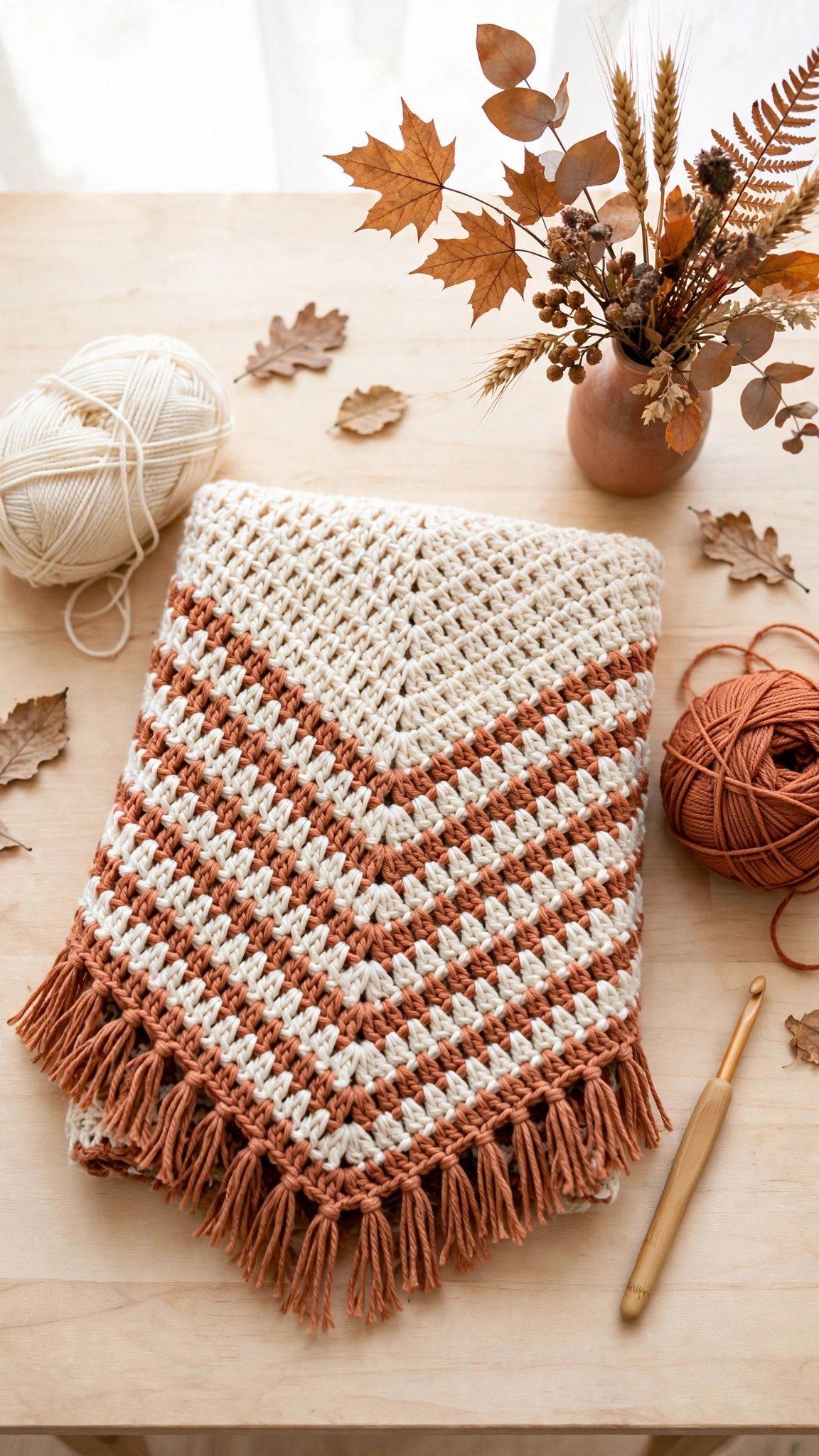 Cream and terracotta crochet poncho with V-stitch stripes and fringe, folded on a wooden table with yarn and a crochet hook — free crochet poncho pattern