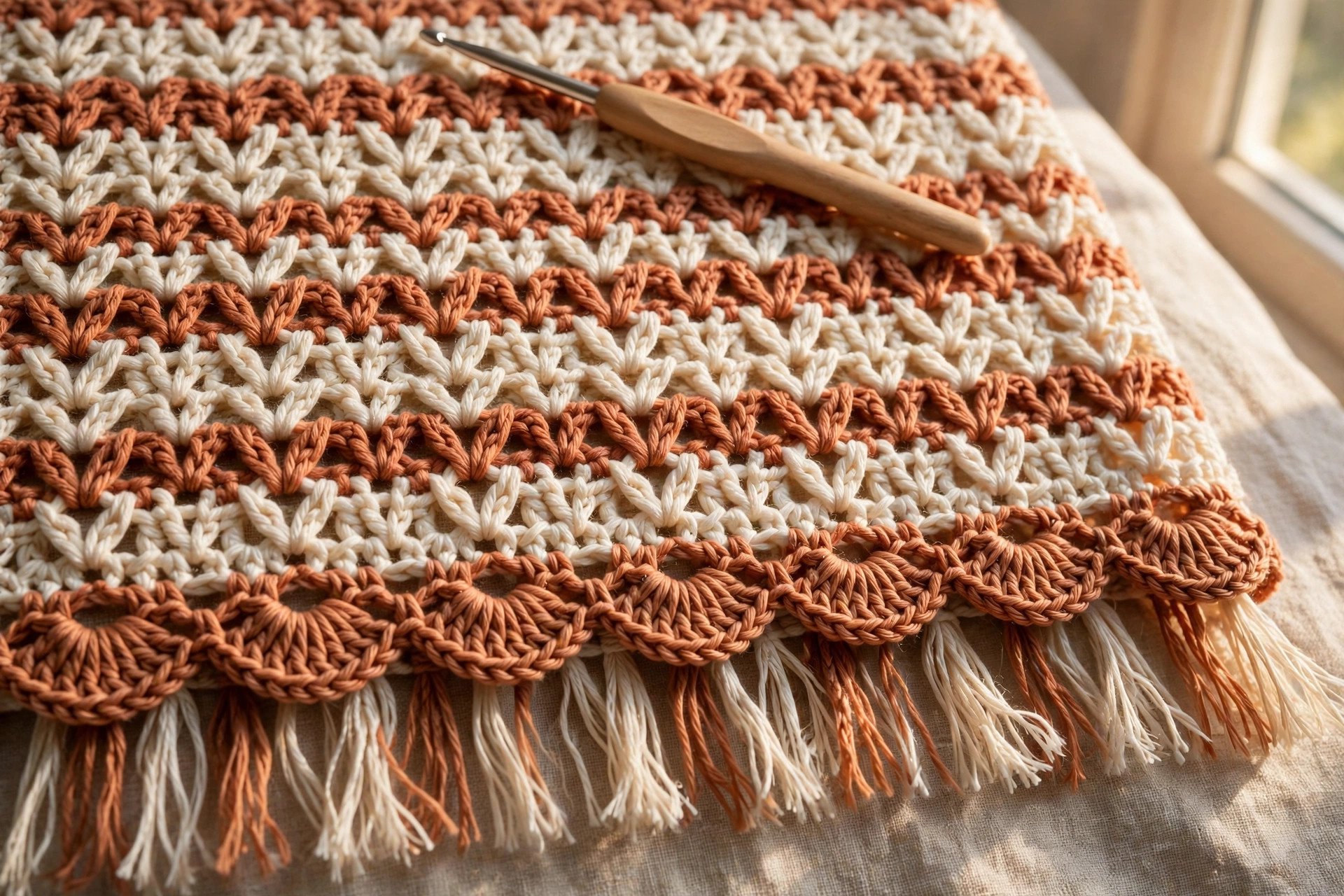 Close-up of cream and terracotta crochet fabric showing V-stitch stripes, a scalloped shell hem and fringe