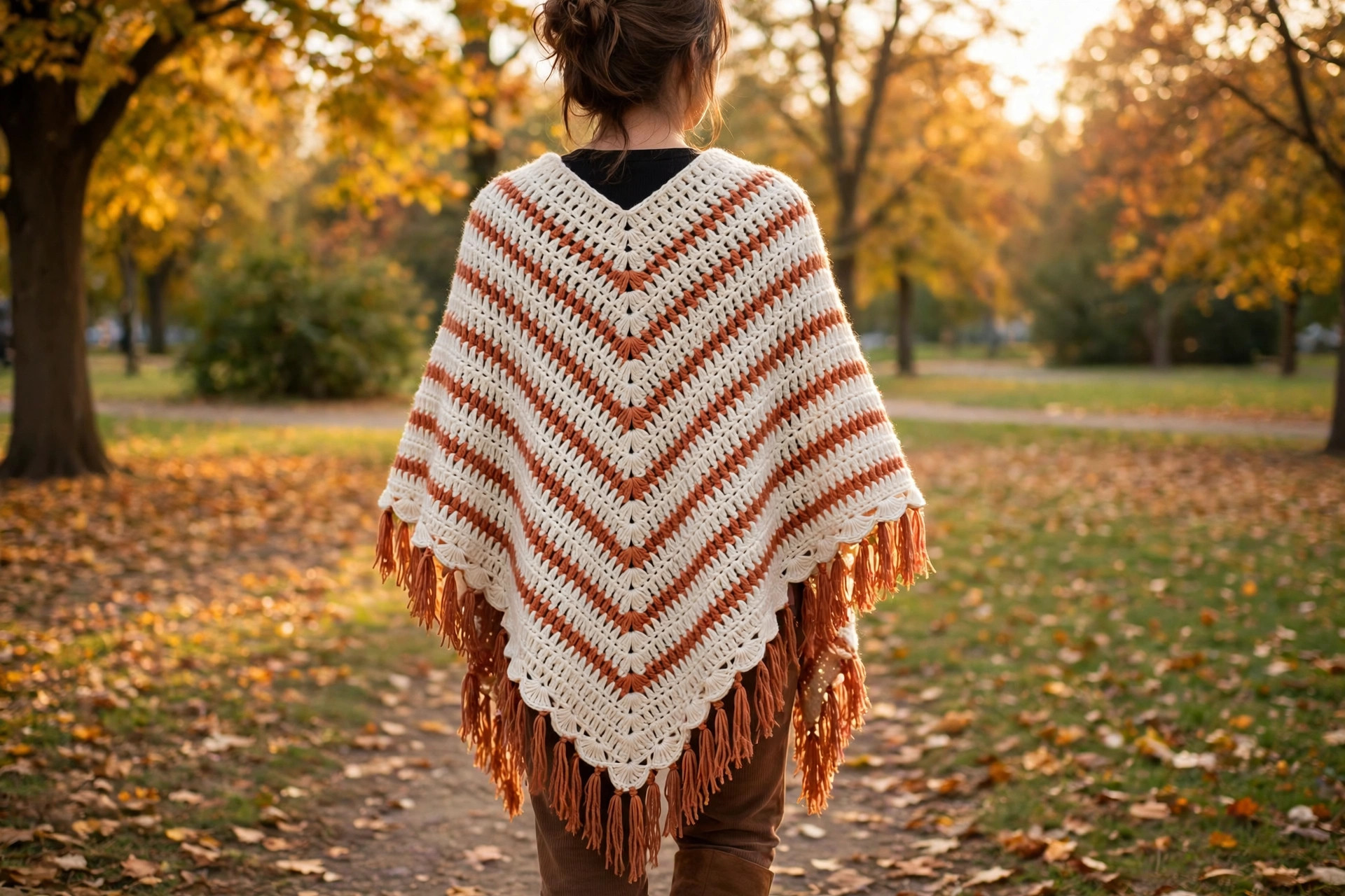 Back view of a woman wearing a cream and terracotta crochet poncho with V-stitch stripes and fringe in an autumn park
