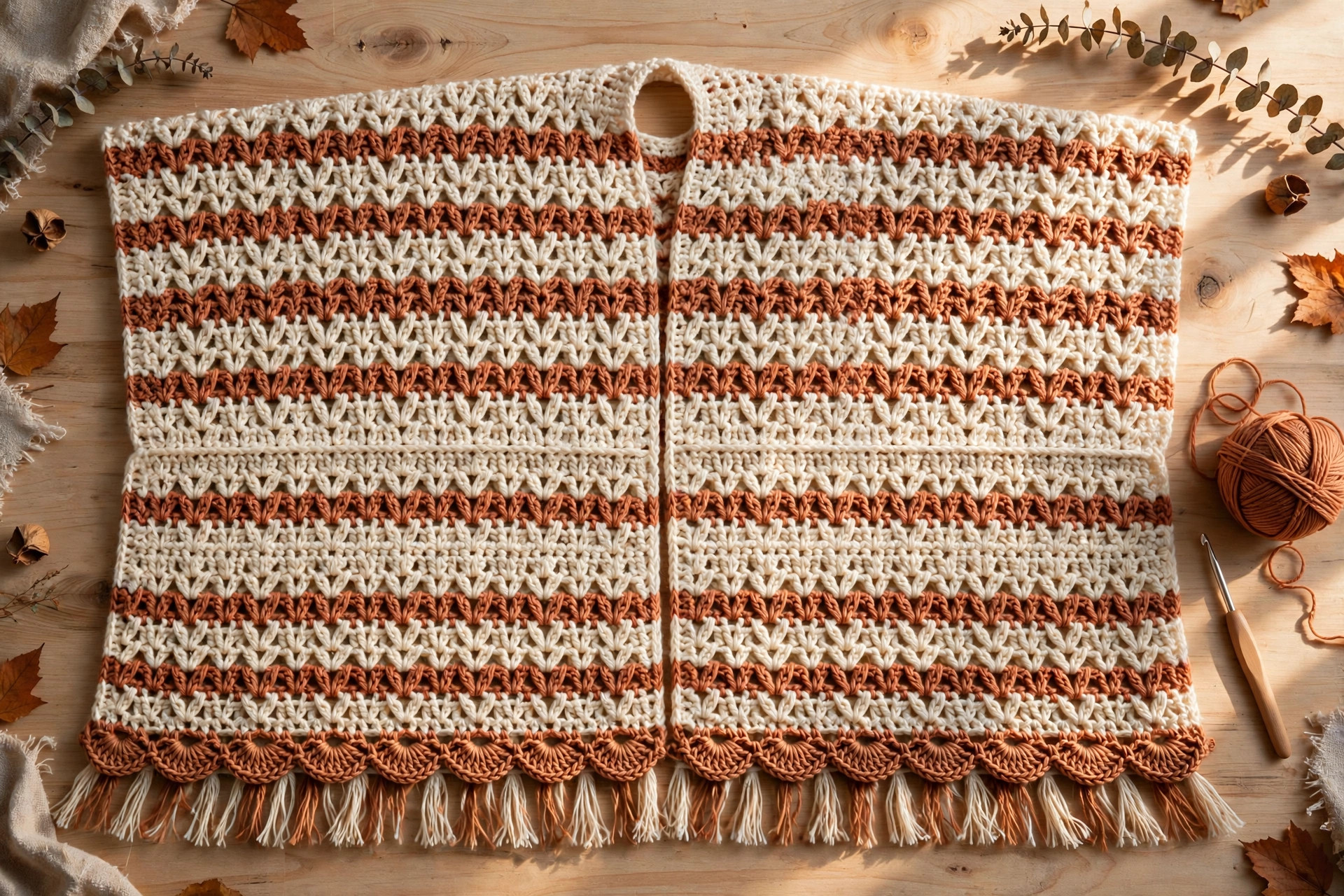 Flat lay of the finished cream and terracotta crochet poncho with V-stitch stripes, scalloped shell hem and fringe, laid out on a wooden table — free crochet poncho pattern