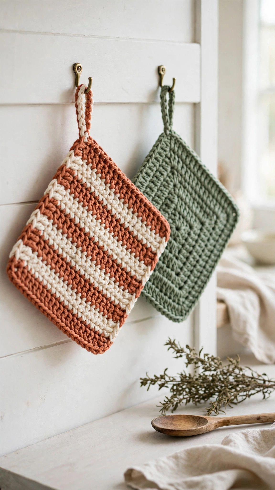 Stack of handmade crocheted cotton potholders in terracotta, sage and mustard hanging on hooks in a bright farmhouse kitchen, free crochet potholders patterns