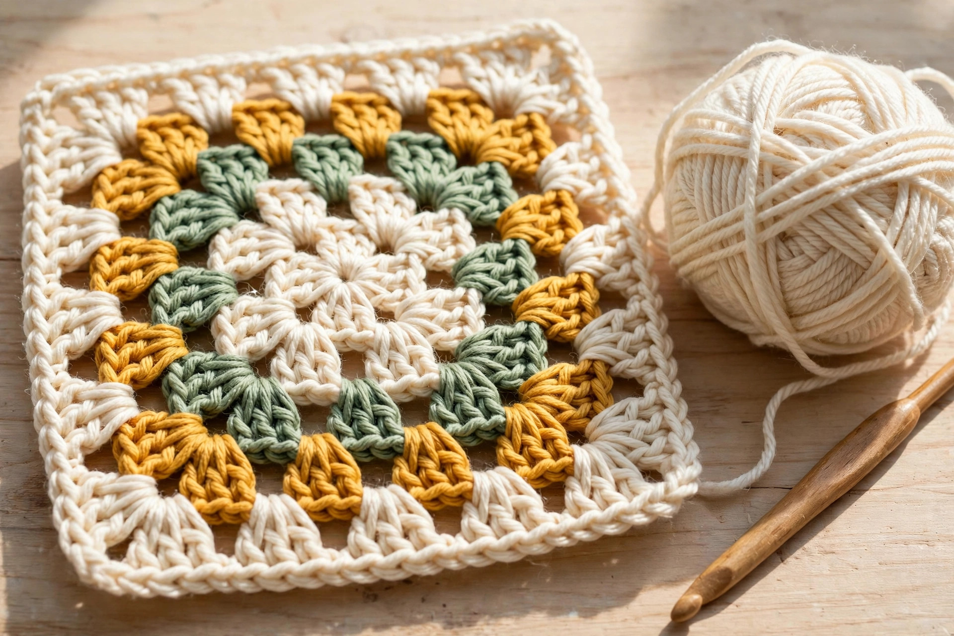 Close-up of a handmade crocheted granny square potholder in cream, mustard and sage cotton yarn next to a ball of yarn and a wooden hook