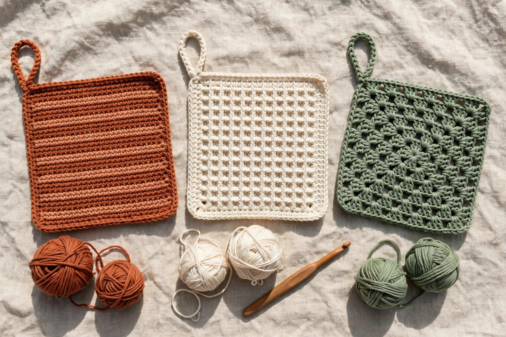 Overhead flat lay of three finished crocheted potholders, striped, waffle stitch and granny square, with matching balls of cotton yarn and a wooden hook on linen