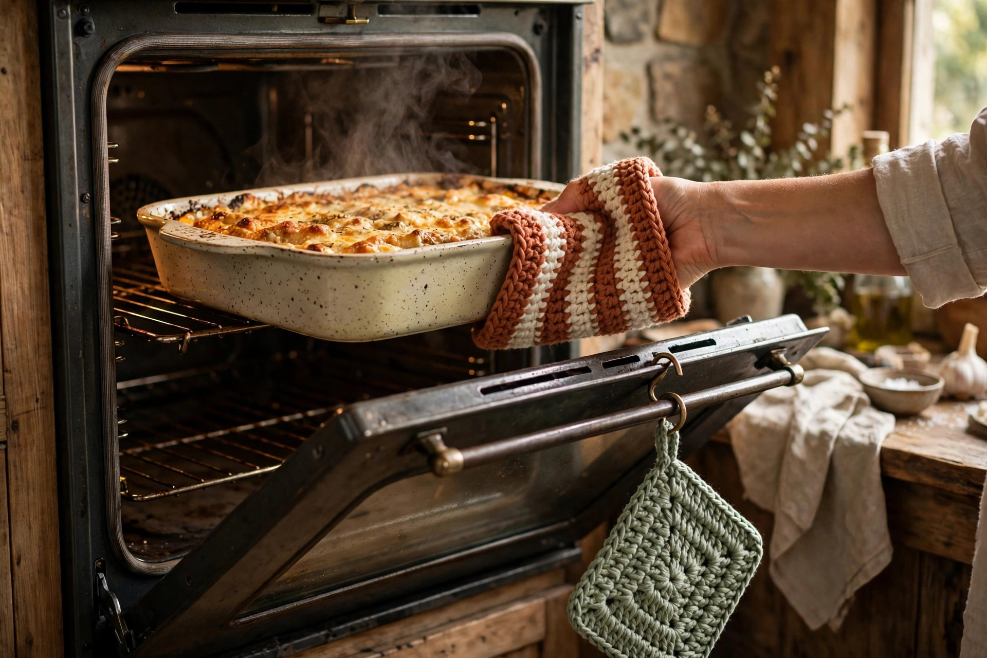 A hand lifting a hot ceramic baking dish from the oven with a striped crocheted cotton potholder, a sage potholder hanging on the oven door