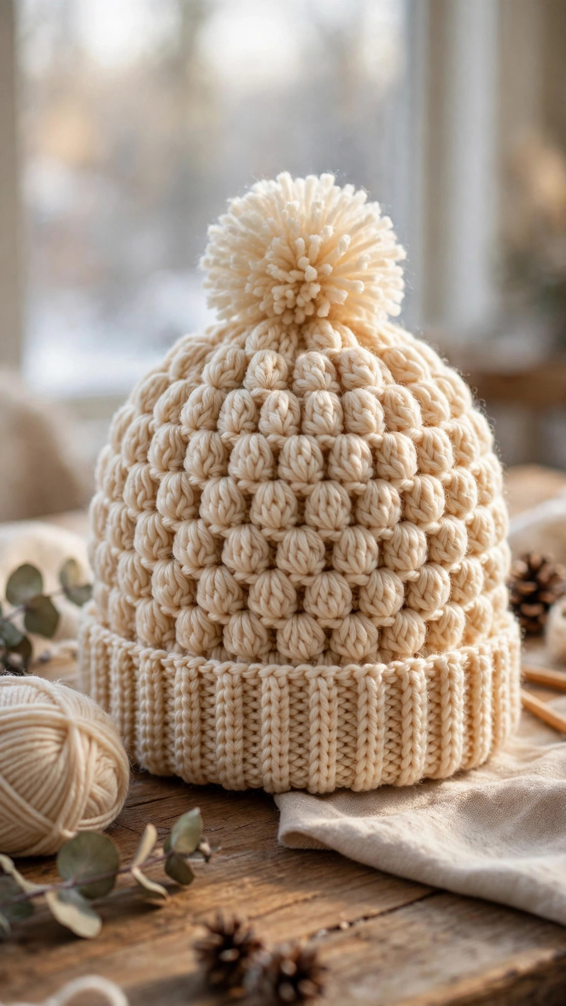 Puff stitch crochet hat pattern beanie in cream yarn with ribbed brim and pom-pom