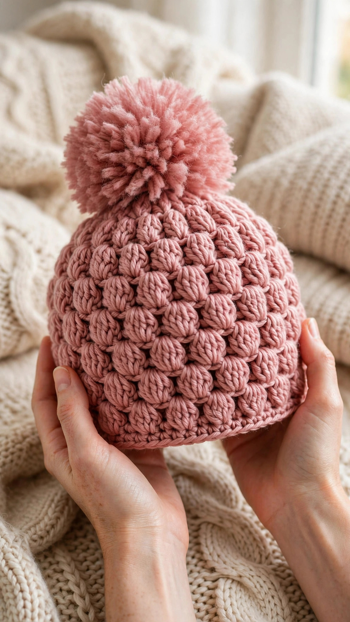Dusty rose puff stitch crochet hat with fluffy pom-pom held in hands against cosy knitwear