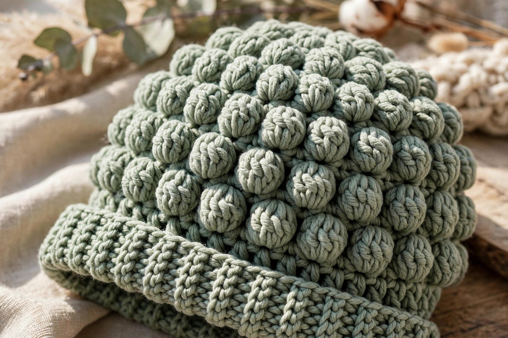 Close-up of puff stitch texture on a sage green crochet hat showing puffy stitches and ribbed brim detail