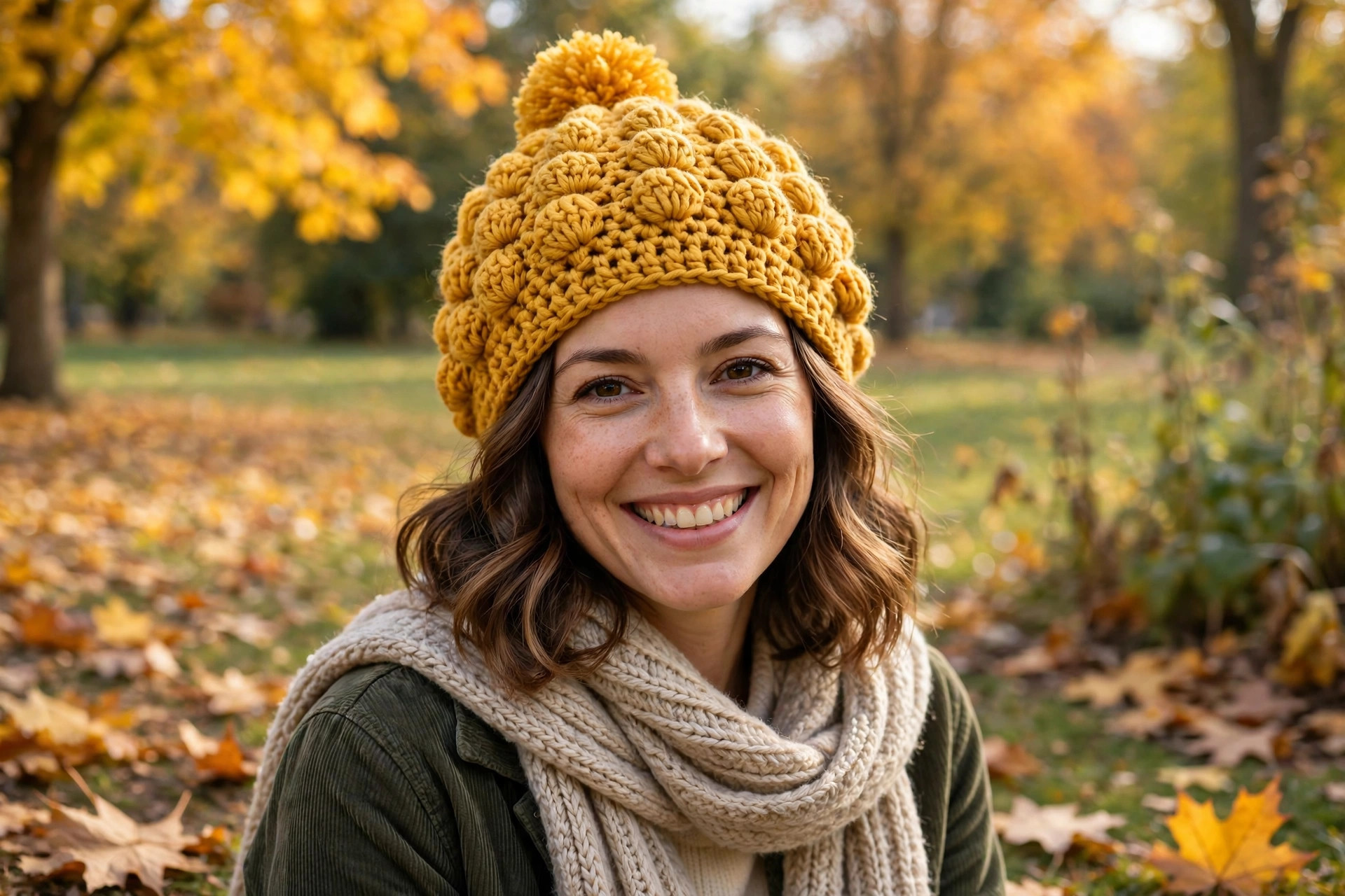 Woman wearing a mustard yellow puff stitch crochet hat with pom-pom and scarf in a cosy autumn setting
