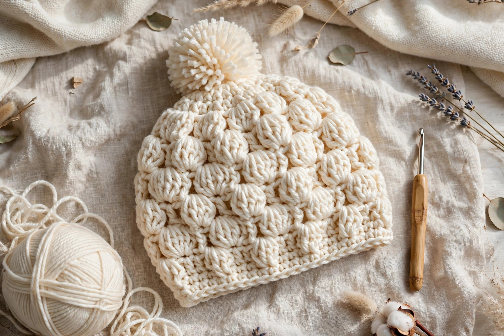 Flat lay of a cream puff stitch crochet hat with pom-pom beside a ball of yarn and crochet hook on linen