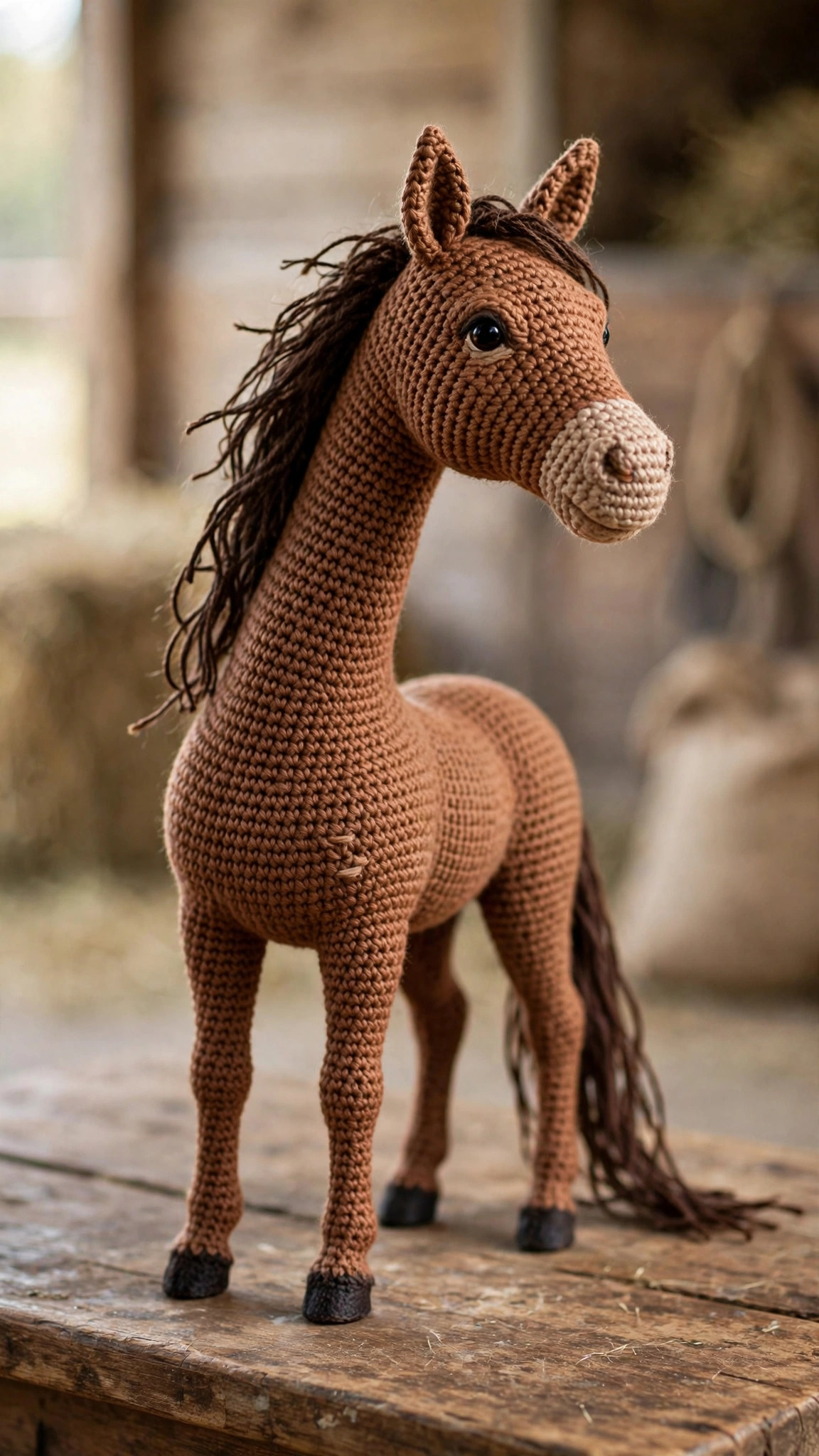 Realistic crochet horse pattern — free lifelike amigurumi chestnut horse with dark mane standing on a wooden table