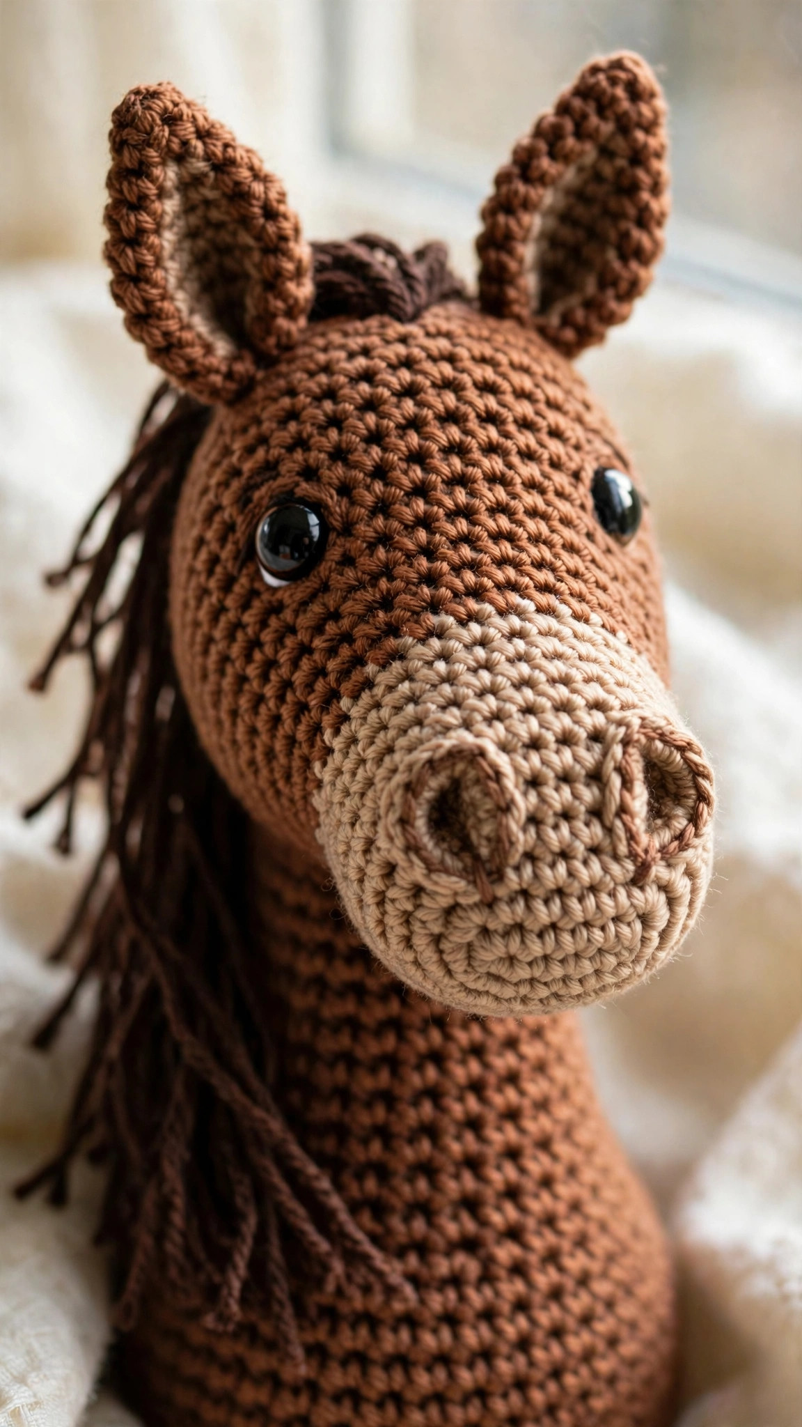 Close-up of realistic crochet horse head with shaped muzzle, pricked ears and dark yarn mane — free pattern