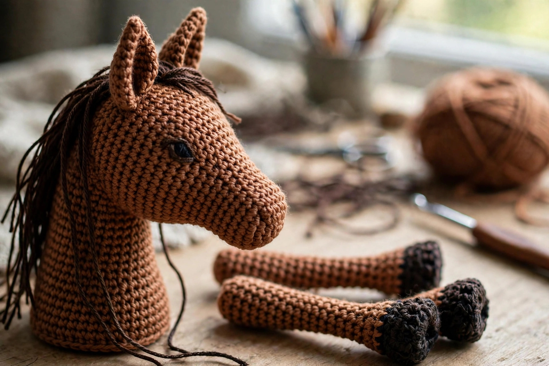 Crochet horse construction details — shaped head, ears and legs with dark hooves on a craft table